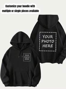 [Customized] Men's Black Hoodie Customization Service - Supports Creative Patterns/Selfie/Game Character/Celebrity/Couple/Pet/Anime Designs/Custom Slogan LOGO Printing, Fashionable Fleece Jacket For Spring, Autumn & Winter - Black - View 1