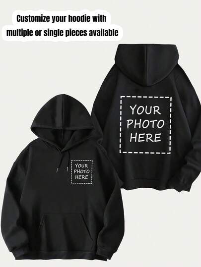 [Customized] Men's Black Hoodie Customization Service - Supports Creative Patterns/Selfie/Game Character/Celebrity/Couple/Pet/Anime Designs/Custom Slogan LOGO Printing, Fashionable Fleece Jacket For Spring, Autumn & Winter