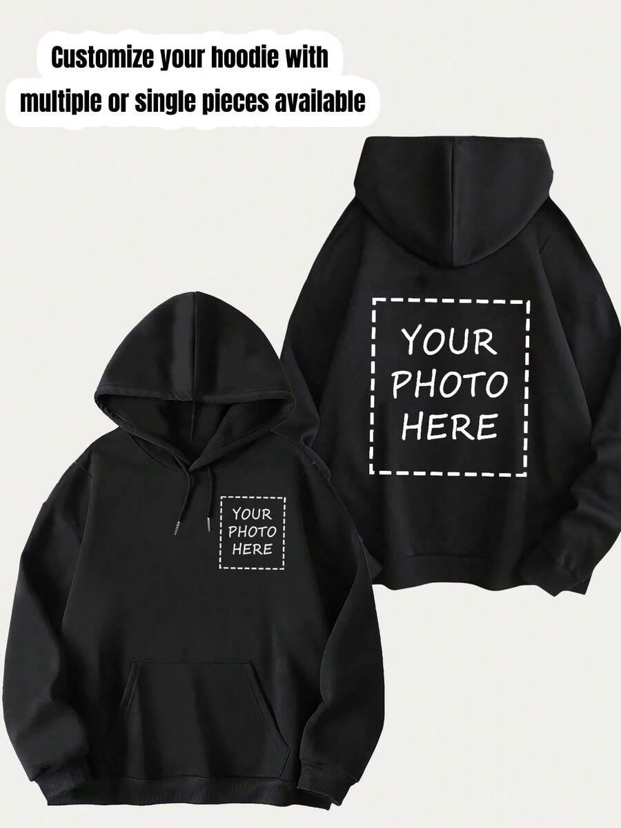 [Customized] Men's Black Hoodie Customization Service - Supports Creative Patterns/Selfie/Game Character/Celebrity/Couple/Pet/Anime Designs/Custom Slogan LOGO Printing, Fashionable Fleece Jacket For Spring, Autumn & Winter - Black - View 1
