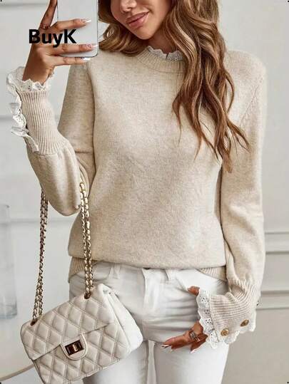 BuyK [Tops] BuyK Elegant Lace Trim Crew Neck Long Sleeve Knit Sweater For Women, Fashionable Gold Button Decor Blouse