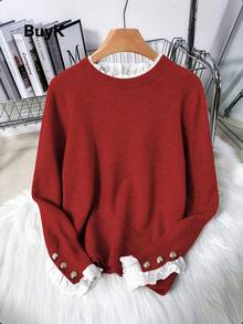 [Tops] BuyK Elegant Lace Trim Crew Neck Long Sleeve Knit Sweater For Women, Fashionable Gold Button Decor Blouse - Red - View 1