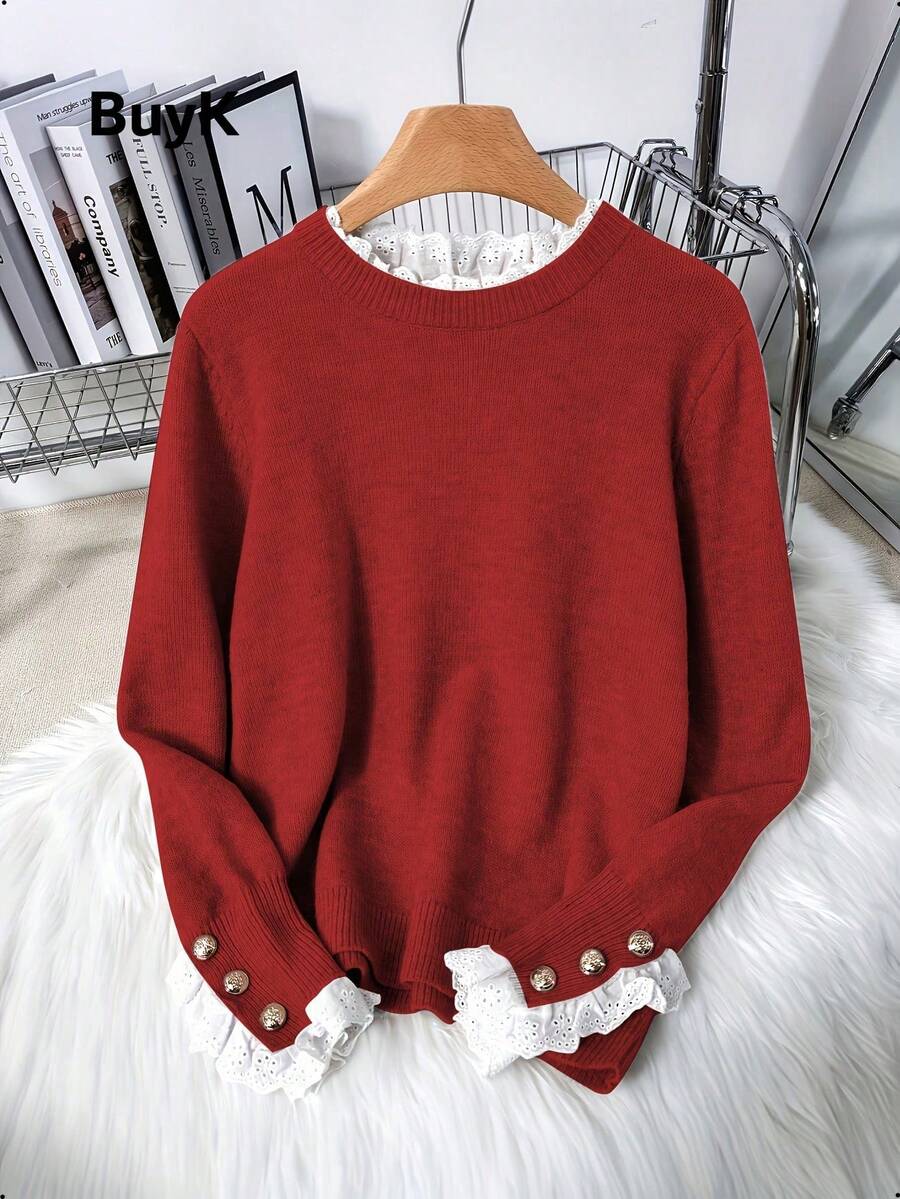 [Tops] BuyK Elegant Lace Trim Crew Neck Long Sleeve Knit Sweater For Women, Fashionable Gold Button Decor Blouse - Red - View 1