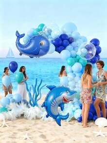 113件海洋主題派對裝飾氣球，包含鯨魚與鯊魚箔氣球、藍色透明乳膠氣球，適用於海洋主題派對、水下主題生日裝飾、嬰兒洗禮 - 彩色 - 查看 3