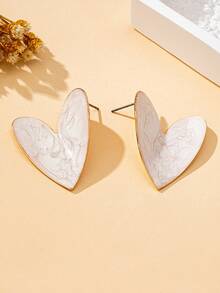 1 Pair Fashionable Heart-Shaped Metal Earrings, Valentine's Day Jewelry - White - View 4