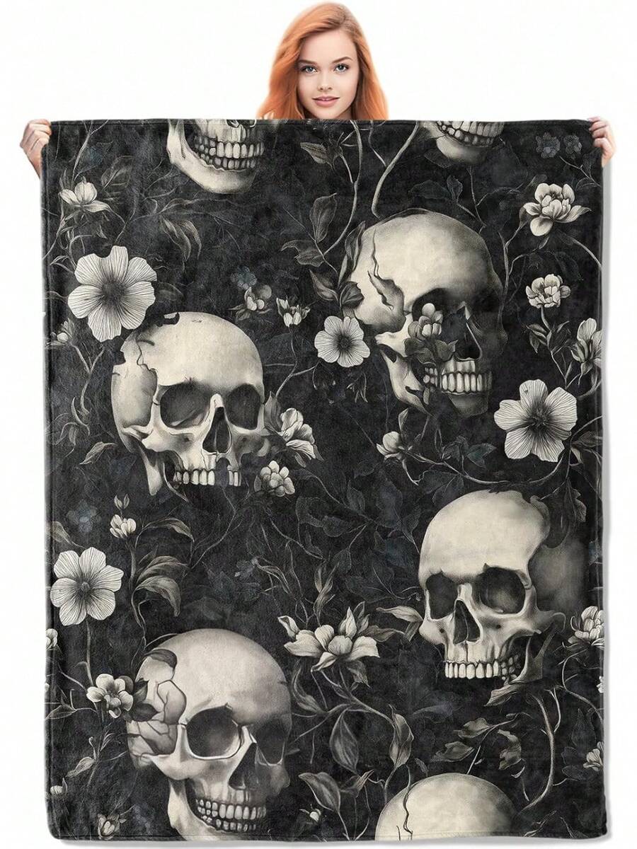 Skull Pattern Blanket For Women, Gothic Floral Flannel Blanket, Soft And Warm Lightweight Throw Blanket, Suitable For Bedding, Sofa, Home Travel Decoration 127cm X 152.4cm - Color 678 - View 1