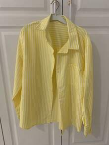Women's Fashionable Fresh Lemon Yellow Striped Print Casual Shirt With Pockets, Simple Design For Walks, Commuting, Streetwear,