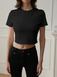 夏季新款简约短袖T恤修身休闲圆领上衣韩版日系风 - 黑色 - 查看 2