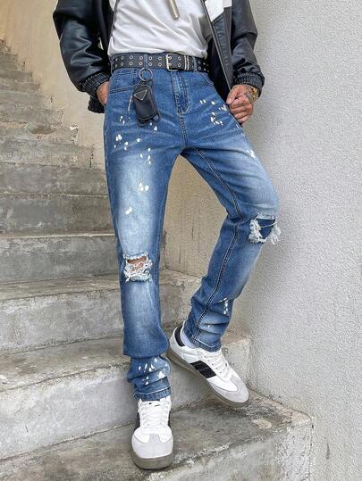 男士蓝色修身弹力破洞牛仔裤，膝盖破洞泼墨修身裤，Y2K街头风舒适弹力面料，适合作为送给男友的礼物