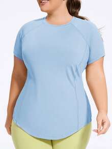 Camiseta deportiva de manga raglán con detalles reflectantes, de tela transpirable y de secado rápido, con bajo curvo, para uso casual y fitness, talla grande - Azul - Ver 9