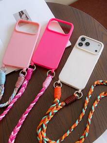 Shockproof Phone Case With Lanyard Strap Compatible With IPhone 18 Pro Max 18 Pro 17 Pro Max 17 Pro 16 15 Pro Max 14 13 Pro 12 11 Candy Color Crossbody Neck Hanging Woven Rope Soft Solid Color Back Cover - White - View 4