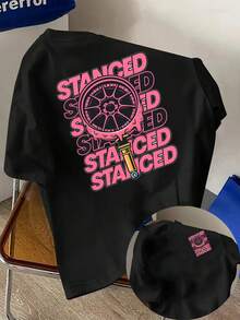 Men'S "Stanced" Graphic T-Shirt - Pink & Black  Design With Car Wheel & Screwdriver Illustration, Breathable Polyester Blend, Casual Streetwear For Gym, Workouts & Casual Attire, Workout Shirts, Gym Apparel, Bold Print Shirt, Comfortable Fit - 黑色 - 查看 1
