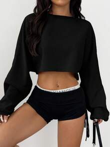 Mystra Solid Color Loose Cropped Women Top Black Spring - Black - View 2