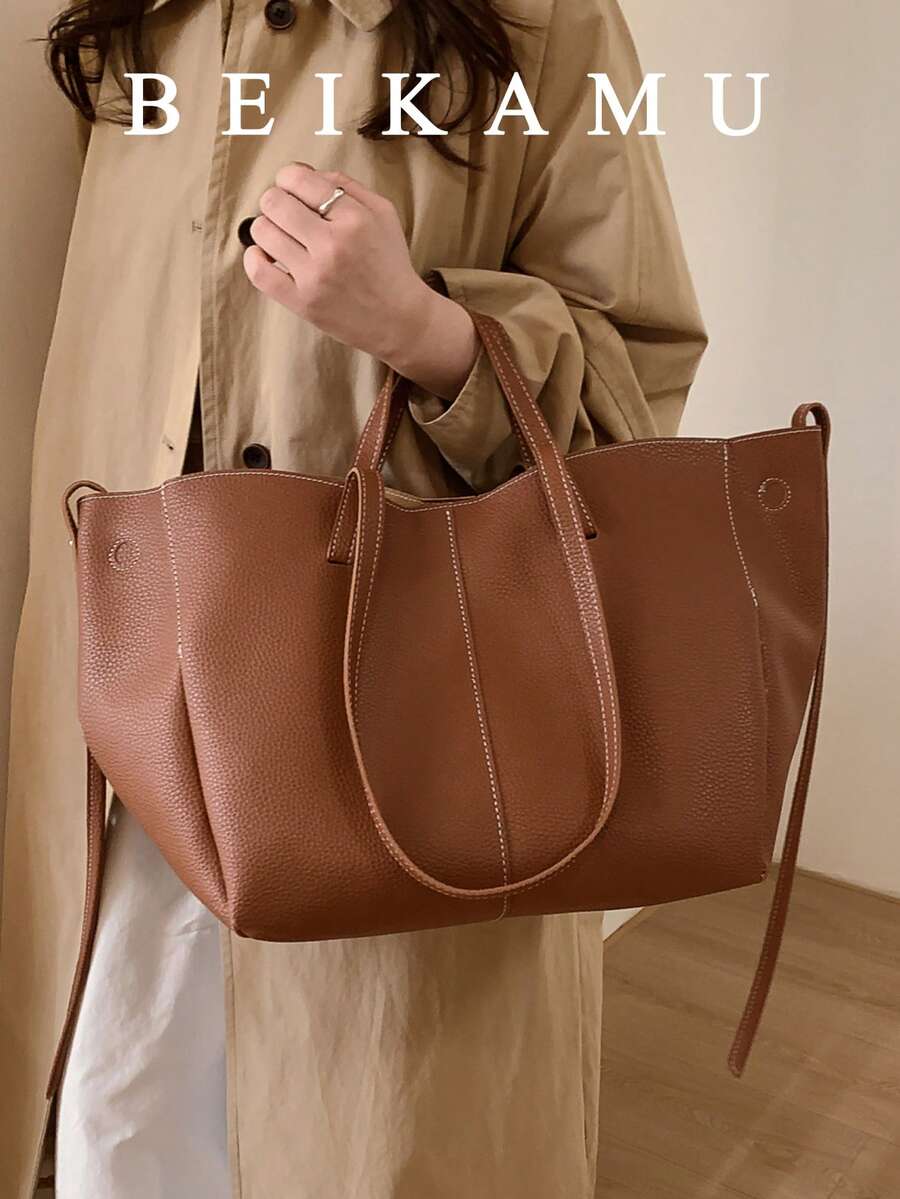 BEIKAMU 时尚纯色 PU 大容量手提包，双提手女士手提包单肩包，适合大学、通勤、购物、度假、散步、日常使用 - 棕色 - 查看 1