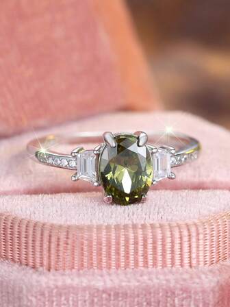 1枚优雅橄榄绿椭圆形合成材质女士时尚戒指，适合作为派对、生日、订婚、婚礼、周年纪念日或日常佩戴的礼物