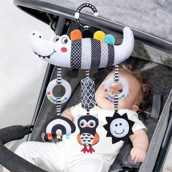 1男女婴儿推车黑白卡通动物风铃车内悬挂玩具，汽车安全座椅可移动悬挂可爱安抚毛绒玩具，适合新生婴儿礼物