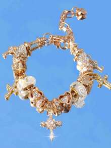 1条时尚漩涡吊坠手链，1条十字架钥匙DIY手链，1条经典锁头钥匙手链，1条十字架爱心手链 - 金色 - 查看 2