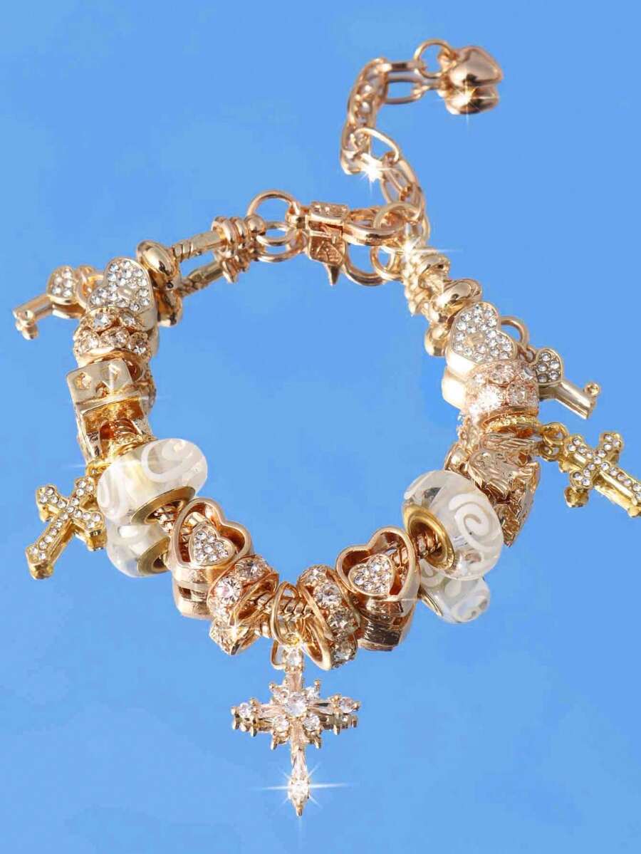 1条时尚漩涡吊坠手链，1条十字架钥匙DIY手链，1条经典锁头钥匙手链，1条十字架爱心手链