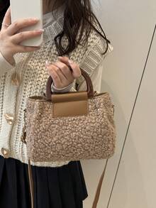 2 Pieces Set With Coin Purse, Autumn/Winter New Crossbody Handbag With Plush Square Bag, Retro Shearling Patchwork Women Casual Shoulder Bag - Khaki - View 6