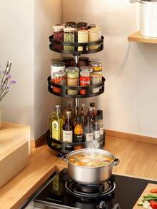 1个多层可旋转金属厨房调料架，简约黑色旋转调料瓶收纳架，适用于烹饪和日式料理，四季皆宜 - 黑色 - 查看 6
