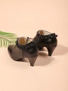 Women's Round Toe Thick Heel High Heel Boots, Leather Side Zipper Fashion Ankle Boots With Ruffle Decor, Suitable For Daily Commute, Versatile And Elegant Ladies Short Boots, Can Be Paired With Daily Outfits And Skirts, Simple Black Boots