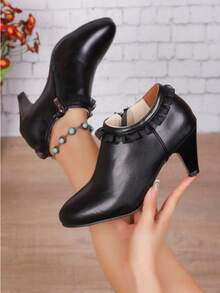 Women's Round Toe Thick Heel High Heel Boots, Leather Side Zipper Fashion Ankle Boots With Ruffle Decor, Suitable For Daily Commute, Versatile And Elegant Ladies Short Boots, Can Be Paired With Daily Outfits And Skirts, Simple Black Boots