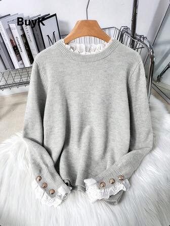 BuyK [Topper] BuyK Elegant Spetskant Rund Halsringning Långärmad Stickad Tröja För Dam, Modern Blus Med Guldknappar