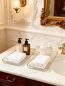 1 صينية حمام، صينية تخزين أنيقة ذات حافة ذهبية شفافة، طبق منظم للمناشف والعطور وكوب الشطف وغيرها من مستحضرات التجميل، صينية منظم متعددة الوظائف مناسبة للحمام وطاولات غرفة المعيشة - متعدد الألوان - مشاهدة 4