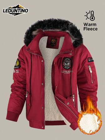 LEDUNTINO Chaqueta con capucha gruesa y cálida para hombre para otoño/invierno, diseño de múltiples bolsillos con bordado de letras e iconos, forrada completamente para mantener el calor, ideal para uso al aire libre