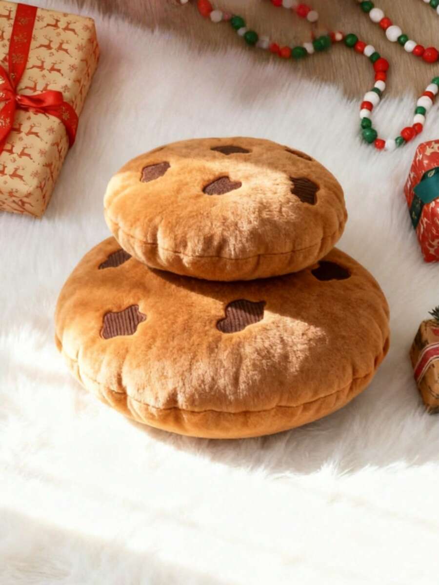 1个巧克力曲奇造型抱枕，可爱毛绒风格柔软圆形装饰靠垫，逼真的巧克力碎屑细节 - 趣味美食主题抱枕，适用于客厅、沙发、卧室装饰 - 餅乾 - 查看 1