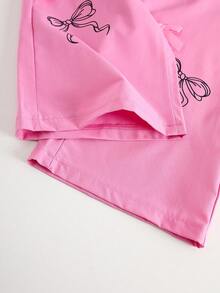 2pcs/Set Tween GirlsSpring/Autumn Bow Collar Long Sleeve T-Shirt + Bowknot Cargo Pants Outfit, Suitable For Girls Casual, Sports, School Outings