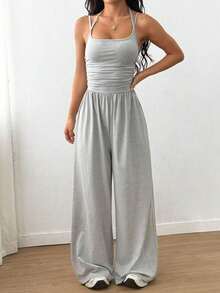 Swisz Women's Long Leg Jumpsuit With Double Straps And Front Pleats, Elegant Casual Style - Xám - Xem 7