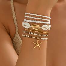 Set de pulseras estilo bohemio, pulseras tejidas con cuentas y conchas falsas de estilo veraniego, accesorios para uso diario y vacaciones