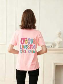 Tween Girl "Jesus Loves Me" Slogan Print Round Neck T-Shirt, Summer Top