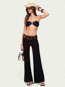 Womens Flowy Wide Leg Pants – Boho Crochet Trim Drawstring Trousers For Beach Vacation Outfits - 黑色 - 查看 3