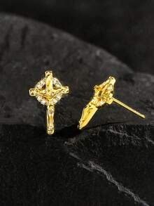 1 paire de boucles d'oreilles vintage pour hommes en cuivre avec croix micro-incrustée de zircone, hypoallergénique, design religieux de Jésus, convient pour un port quotidien, cadeau de Noël, Nouvel An, Saint-Valentin - Argent - Voir 19