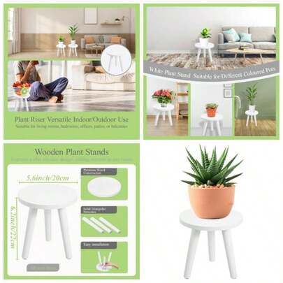 Samll Plant Stand Indoor/Outdoor Plants, Wood White Planter Stands Holder Mid Pedestal Shelf, Sturdy Short Flower Rack Boho Short Plant Table 6.2 InchTall Wooden Plants Stool Garden, Patio