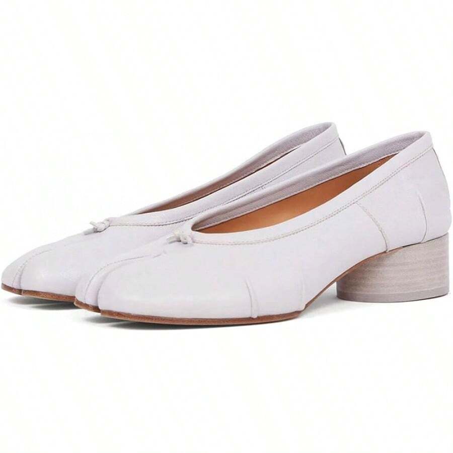 KOKOMOMO Black Split Toe Ballet Heels For Women Japanese Tabi Shoes Cylindrical Low Heels Pumps Chunky Block Heel Office Wedding Party Dress Shoes 12 INCHChristmas - 淺紫色皺紋 - 查看 1