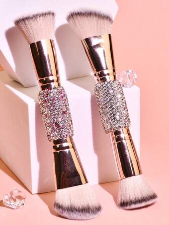 One, Two-In-One, 2 Makeup Brush Heads, Rhinestone-Encrusted Appearance, Shiny, Large Powder Puff, Makeup Brush, Beauty, Makeup Tool, Suitable For Foundation Makeup, Powder Blush Brush, Suitable For All Skin Types, Nail Cleaning Brush,Foundation Brush,Concealer Brush,Blush Brush,Contour Brush,Blush Brush,Bronzer Brush,Powder Brush,Foundation Brush,Blush Brush
