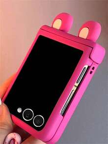 Funda protectora de teléfono con corazón lindo y soporte para oreja, mate marrón, compatible con Samsung Galaxy Z Flip7 Flip6 ZFlip5 ZFLIP4 Flip3, adorable con cuerda de nailon, cubierta trasera dura plegable resistente a caídas - Rosa Fucsia - Ver 5