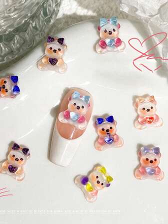 20个卡通爱心蝴蝶结小熊美甲配件，冰透明树脂3D小熊DIY美甲配件，美甲装饰材料，镶嵌钻石贴纸，美甲店特供手工美甲DIY必备