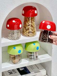 1pc Mushroom Sealed Jar,Coffee Storage Jar,Storage Container Airtight Food Jars,Covered Grain Storage Box, Grain/Nut/Candy/Tea Storage Jar, High-Value Storage Jar,Kitchen Plastic Canisters,Wide Mouth Pantry Clear Jar - 彩色 - 查看 1