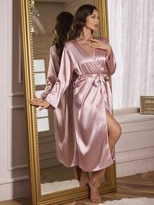 1pc Women's Elegant Soft Silk Solid Color Sleepwear, Loose Long Sleeve Robe, Breathable Loungewear, Suitable For Home Wear, All Season - Dirty Powder - View 7