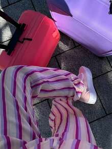 一套条纹撞色休闲打结荷叶边前扣女士两件套沙滩度假套装，春夏款 - 彩色 - 查看 5