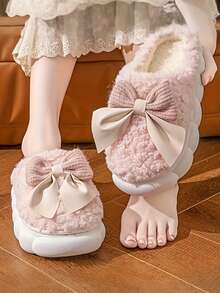 1 Pair Women's Cozy Fleece Slippers With Bow Detail, Women Slipper, Man Slipper, Slipper Maternity Slipper, Indoor Soft Warm Slippers, Cute Plush Home Bowknot Comfortable Thick Bottom, Thick Warm Indoor House Shoes, Soft Fabric Upper Sole, With Playful Design, Anti-Skid Indoor/Outdoor, Plush Interior Lining, Home Comfort, Winter Slippers, For Woman, Gifts For Women, Moms, Ladies, Men Insulation, Galentines, Puppy, Carnival, Shoe, Spring Summer Picks, Brides Maid Gifts, Room, Bedroom Decor, Bedroom Decor, Beach, Travel, For Men, For Women, Vacation - Multicolor - View 8