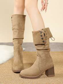 Women's Fold-Over Tall Boots, New Autumn/Winter Design, Wrinkled Shaft, Dual-Wear, High Heel, Chunky Heel, Riding Boots - Khaki - View 2