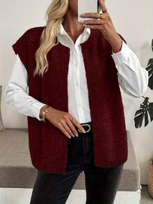 Women's Casual Loose Solid Color Fuzzy Sleeveless Cardigan Knit Sweater, Autumn/Winter - Burgundy - View 3