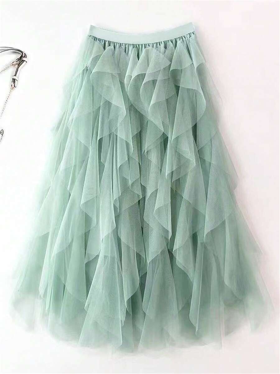 1pc Women Asymmetric Ruffled Layered Mesh Tulle Skirt - Mint Green - View 1