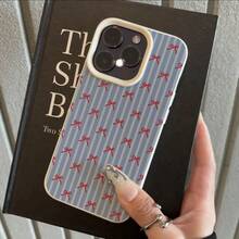 1pc TPU Material Elegant Blue Striped Red Bow Design Phone Case Compatible With IPhone 17 Pro Max/17/16 Pro Max/15/13/12/11, S20 FE/A15/S24/A55, Redmi Note 11/Note 12/Note 13 Pro, Full-Body Soft Protective Cover - White - View 2