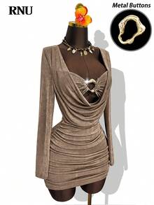RNU Backless Draped Collar/Metallic Button Hollow/Minimalist Sequin Elastic Fitted Bottom, Women's Casual Nightclub Business Casual Concert Outfit/Office Wear, High Stretch Slim Fit Casual Daily/Valentine's Day/Carnival/New Year Birthday Dress, Sexy Nightclub Party/Street/Vacation/Travel/Date, Long Sleeve New Style Mini Skirt, Spring Summer Autumn Winter - Coffee - View 2