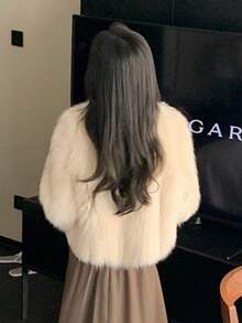 女款優雅冬季粉色毛絨口袋時尚短夾克修身外套，適合秋冬街頭穿搭 - 杏色 - 查看 7